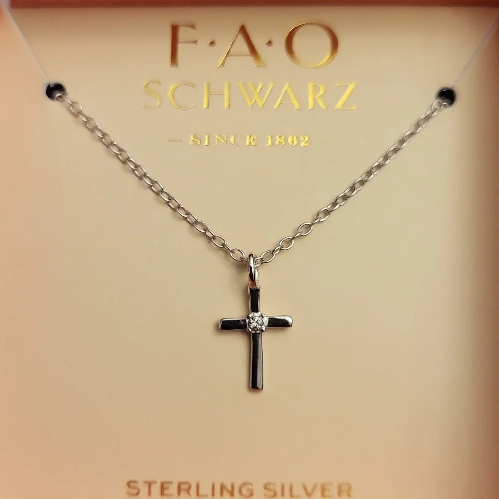FAO Schwarz 9.25 Sterling Silver Cross With Crystal Stone Necklace
